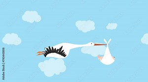 Flying stork delivering baby boy on blue background animation, it's a boy birth celebration