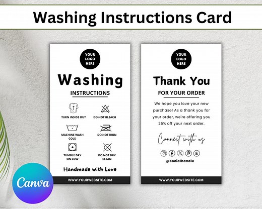 Editable Washing Instructions Card Canva, Printable Clothing Care Card, Shirt Wash Tag, Thank You Insert - Etsy