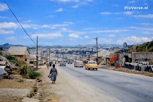 琉米歴史研究会 on Instagram: "1958年胡屋(ゴヤ)あたりからコザ十字路方面を見た風景。舗装途中の道を歩く人々と行き交う車、その先に広がる街並みからは、戦後の復興とともに少しずつ姿を変えていくコザの息づかいが伝わってきます。 昔の沖縄写真をPixverseでAI動画化しました。"