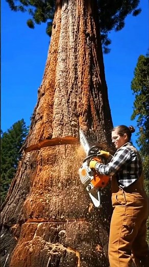 Watch the girl Powerfully Cuts Giant Tree 🌴😯#shorts #stihl #chainsaw #epicmachines #logging #wood