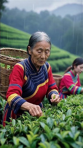 70-Year-Old Woman Harvesting Tea in Heavy Rain | Cinematic Village Scene #asmrrain #shortvideo