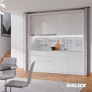 3.7K views · 193 reactions | Transform your small studio apartment into a spacious oasis with Exedra2 Smart by Salice. This space-saving double pocket door system keeps your kitchen out of sight whenever you want. Contact us now to make the most of every inch of your home. https://bit.ly/3YjQhGD #slidingsystems #slidingdoors #softclose #softclosing #cabinet | Salice | Facebook