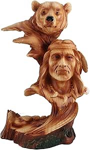Ebros Western Woodlands Nature Rustic Faux Wood Wildlife Black Bear with Native American Indian Tribal Warrior Hand Painted Figurine As Bears Hunters Cabin Western Themed Decor Sculpture
