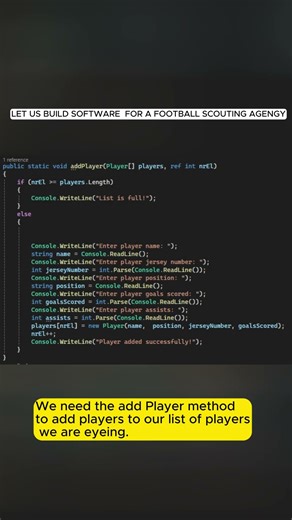 LET US BUILD SOFTWARE FOR A FOOTBALL SCOUTING AGENCY USING C# CLASSES AND ARRAYS