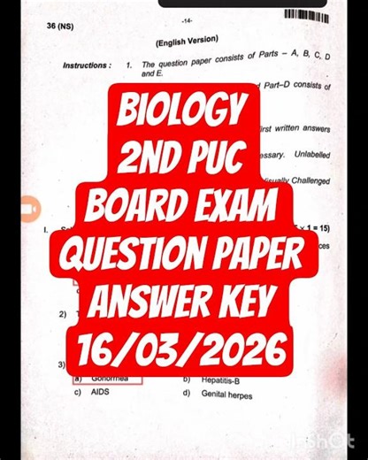"BIOLOGY" 2ND PUC FINAL EXAM QUESTION PAPER ANSWER KEY 2026#boardexam#class12