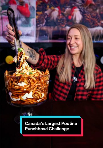 This is the largest poutine in Canada! I have a one sitting time limit to finish this giant punchbowl loaded with 5lbs fries, 1lb cheese curds, and 2.2lbs of gravy! Let’s do this!! #katinaeatskilos #foodchallenge #fyp #poutine #gravy