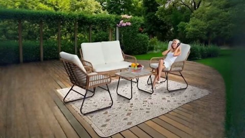 4-Piece Rattan Patio Set - All-Weather Outdoor Conversation Furniture Set Group with Tempered Glass Table & Quick-Dry Cushions for Graden, Porch, Balcony (Apartment Size, Handwoven Rattan)