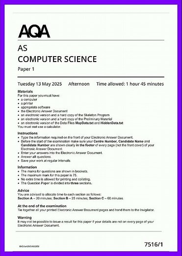 2025 aqa as level computer science paper 1 question paper SCANNED video