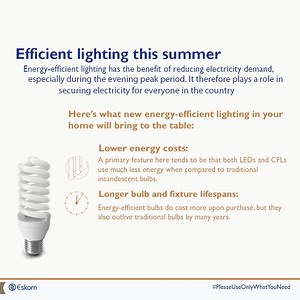 1.9K views · 38 reactions | Switching to energy-efficient lighting this summer can be greatly beneficial to your household. Here are a few tips to help you understand your options and help you change your behaviour towards home lighting. #PleaseUseOnlyWhatYouNeed | Eskom Hld SOC Ltd | Facebook