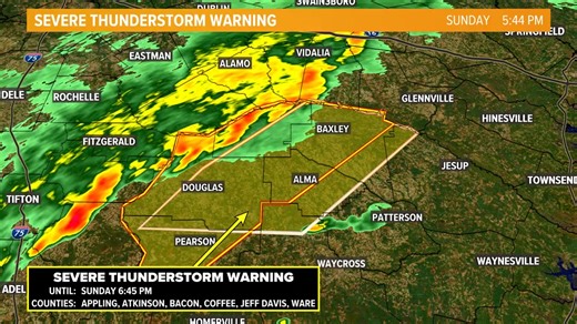 A ⚠️SEVERE T-STORM WARNING⚠️ has been issued for Coffee, Bacon, Appling, Jeff Davis, Atkinson, Ware, Wayne until Jan 25 6:45PM. If you are in the area of this storm, seek shelter now! Download the First Coast News app for interactive radar and more information. #FCNStorm | First Coast News