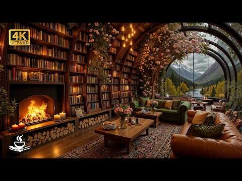 Bloomlit Spring Library Jazz Beneath an Arched Glass Canopy | Gentle Focus & Warm Firelight