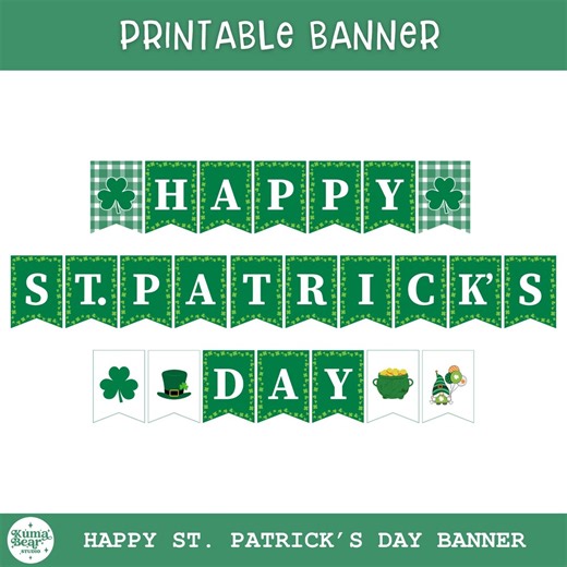 St Patrick's Day Printable Banner, Shamrock Garland, Green Gingham Pennant Printable, Irish Holiday Decor - Etsy
