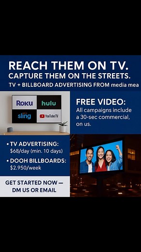 Your audience is everywhere — are you? With media mea, advertise on Smart TVs and high-traffic billboards for full visibility. TV Advertising: $68/day (min. 10 days) DOOH Billboards: $2,950/week Free Video: All campaigns include a 30-sec commercial, on us. Get started now — DM us or email sales@mediamea.io #mediamea #ctv #dooh #advertising #smartasvertising #media #restaurant #retail #retaildisplay | media mea