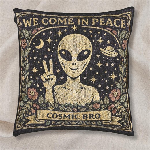 Retro UFO Folk Art Woven Cushion | Alien Peace Sign Tapestry Pillow - Etsy