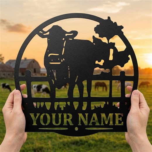 Custom Farm Cow Metal Sign - Personalized Farmhouse Name Decor, Rustic Wall Art - Etsy
