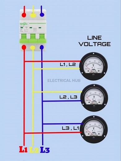 Three phase line voltage volt metre connection with MCB #electrical #voltage