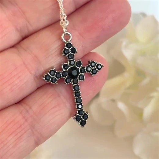 Black CZ Cross Pendant Necklace - Sterling Silver Chain - Etsy