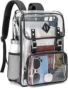 NEOREAL Clear Backpack Large Capacity Heavy Duty Transparent PVC Backpack with Leather Trim for Women College Work Travel