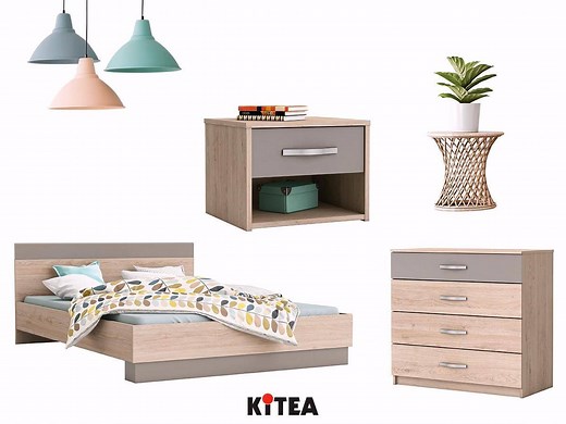 Avec la gamme GRAPHIC, KITEA vous offre tout le confort d’une chambre douce et rassurante, à petit prix. Set Lit 140 x 190, sommier et 2 tables de chevet au prix de 1990 Dh au lieu de 2790 Dh. | KITEA