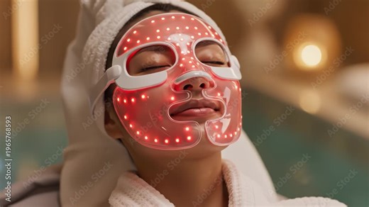 Woman Relaxing with Red LED Light Therapy Face Mask