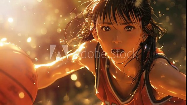 An animation of a woman playing basketball with great enthusiasm, enhanced with a seamless time-lapse effect.