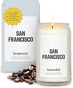 Homesick Scented Candles for Home (San Francisco) - 13.75 oz Long-Lasting Soy Wax Jar Candle for Women & Men for All Occasions, 60-80 Hours Burn Time - Notes of Coffee & Chocolate