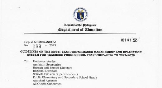 DepEd Memorandum 089, s. 2025 - Guidelines on the Multi-Year Performance Management and Evaluation System for Teachers from School Years 2025-2026 to 2027-2028
