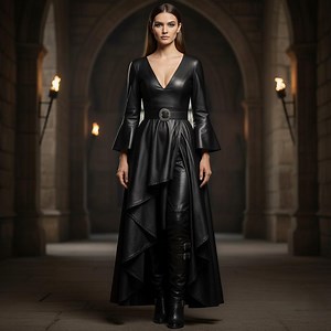 Custom Genuine Leather Medieval Women’s Costume – Handmade Black Fantasy Cosplay Outfit With Flowing High-low Gown and Pants - Etsy