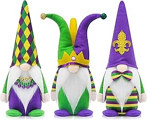 Mardi Gras Gnomes Decorations, 3 Pack Beads, Mask Plush Decor, New Orleans Party Tiered Tray Decor, Home Office Supply