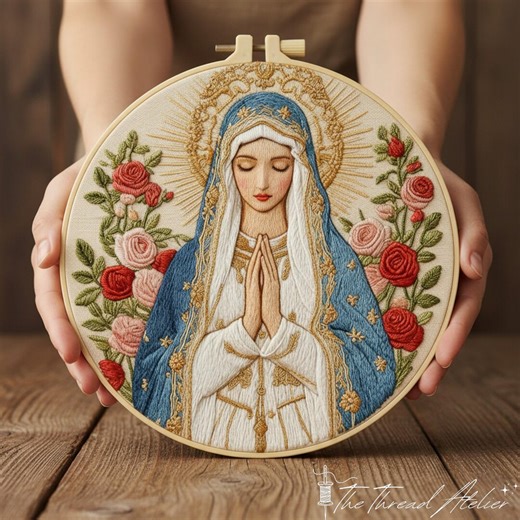 Virgin Mary Embroidery Kit for Beginners – Floral Religious Hoop Art, Catholic Wall Decor - Etsy