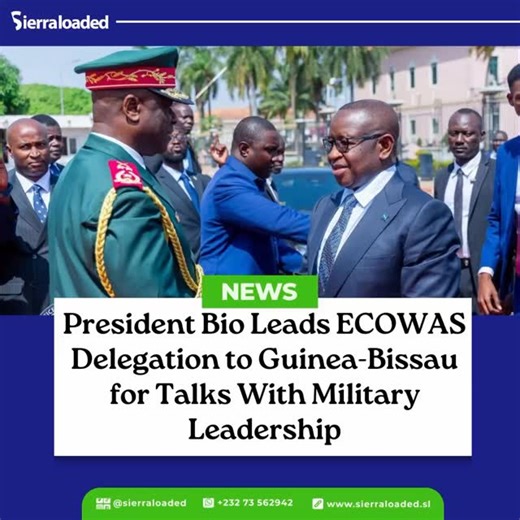 Sierra Leone’s President, Julius Maada Bio led a high-level ECOWAS Mission to Guinea-Bissau, in line with the communiqué of the 68th ECOWAS Summit, to engage the country’s military leadership on the ongoing political transition. According to a statement issued by Bio after the official engagement, the delegation held discussions with the High Military Command of Guinea-Bissau, led by Major-General Horta Inta-a. President Bio said the engagement was part of ECOWAS’ continued efforts to support pe