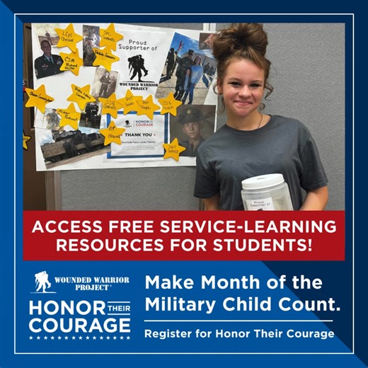 ✏️ Access FREE classroom resources to celebrate the strength and resilience of military children and their families during the Month of the Military Child this April! 🇺🇸 Honor Their Courage helps K-12 educators engage their students in learning about the sacrifices made by military families and veterans. Register online to grab your digital toolkit and start fundraising for injured veterans today! ❤️ | Wounded Warrior Project