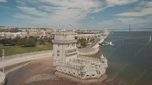 Belem Tower, Lisboa. Aerial view of the beautiful Belem Tower in Belem district of Portugal's capital. Shot with DJI Mavic Air. 4K video.