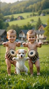 Twin Babies Playing Dholak with Cute Puppy | Traditional Village Dance Fun
