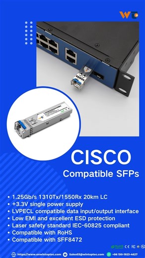 Wintop-Fiber-Optical(Lily) on Instagram: "1.25Gbps BIDI SFP Optical Transceiver 20Km, Cisco compatible SFP modules, welcome to send inquiries!🚀🚀 #cisco #sfp #networking #switch #fiberoptic"