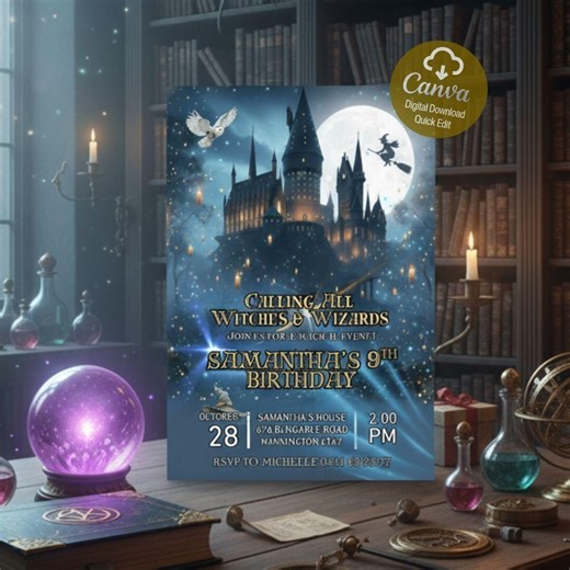 Witches and Wizards Birthday Invitation, Castle Wizardry Party Invite, Digital Download, Editable Canva Template - Etsy