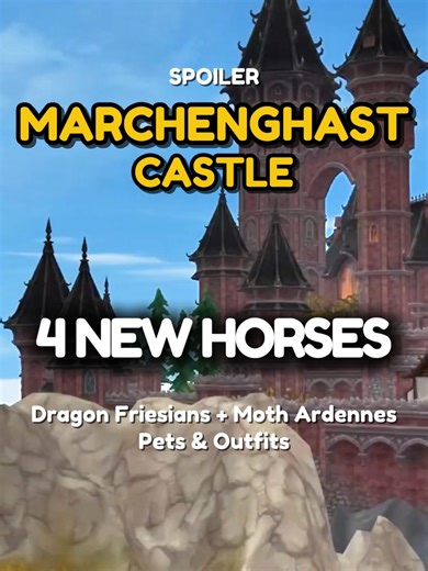 Marchenghast Castle opens tomorrow, and 4 magical horses are arriving in the new Star Stable area in Goldenhills Valley 🐉🦋 Sport Friesians and Ardennes, dragons and a moth. Which one are you getting first? And what do you think of the pets? #starstableonline #magicalhorses #starstable #horsegame #marchenghastcastle #spoiler