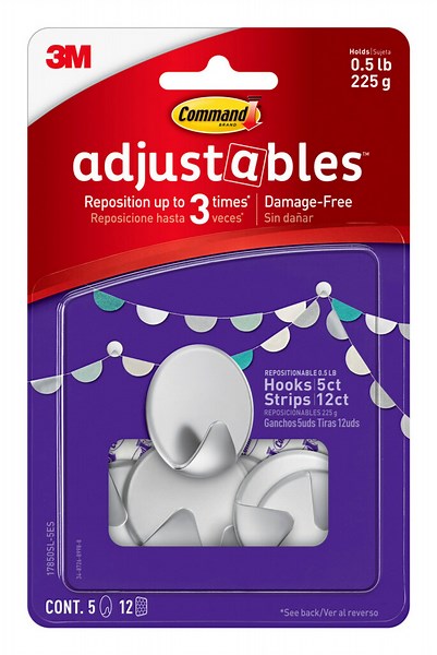 Command Adjustables Circle Hooks, Silver, 5 Hooks,12 Strips