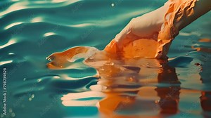 Hand Reaching for Object in Water, A Close-up Action Shot of a Person Retrieving Something, Play with orange and blue hues on a canvas to make them seem like splashing waters