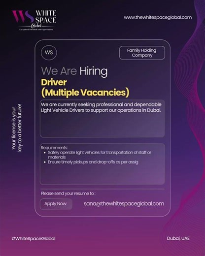 🚗 We are Hiring – Light Vehicle Drivers | Multiple Vacancies 📍 Location: Dubai, UAE