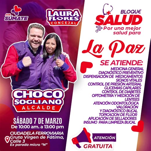 ¡Tu salud no puede esperar! 🩺❤️ Este sábado 7 de marzo, el Bloque Salud llega a la Ciudadela Ferroviaria. Junto a nuestro futuro alcalde Choco Sogliano y la concejal Laura Flores, ofreceremos atención gratuita en medicina general, odontología, farmacia y más. 📍 Lugar: Gruta Virgen de Fátima, Calle 3 (Ex parada micro N). ⏰ Horario: 10:00 am a 13:00 pm #oscarsoglianoalcalde #oscarsoglianoalcalde #lapaz_bolivia🇧🇴 #salud #saludybienestar