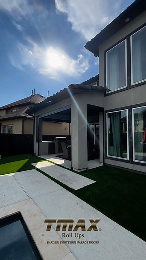 Inside elegance meets outdoor splendor with TMAX motorized shades. Perfectly framing your pool and greenery, they retract smoothly for that wide-open feel—ideal for Texas sunsets and lazy afternoons. | TMAX Roll Ups