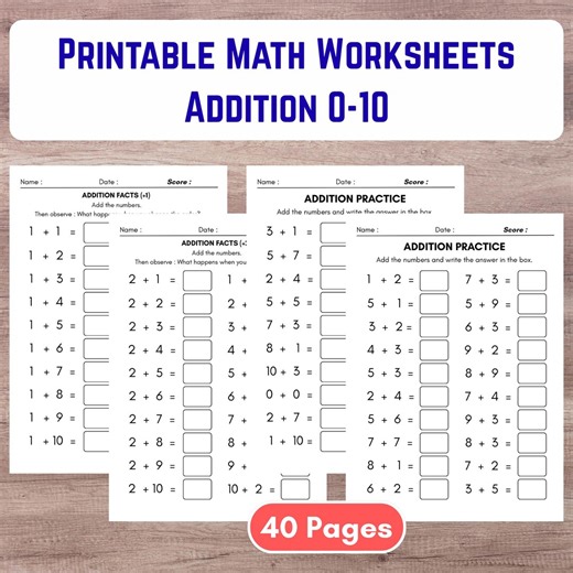 Addition Worksheets 0-10, Math Practice PDF for Kids (40 Pages), Addition Facts - Etsy