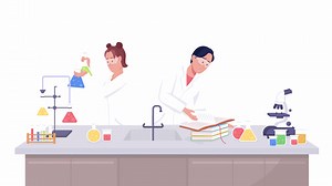 Animated science experiment at lab. Young researchers. Full body flat people on white background with alpha channel transparency. Colorful cartoon style HD video footage of characters for animation