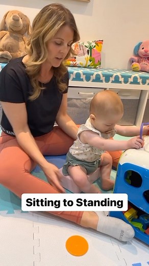 We are working on weight bearing in sitting with neutral alignment and sitting to standing. This little one has weak inner thigh ( adductor) muscles and tends to “frog” out. She has difficulty keeping her knees facing forward in the sitting position and when she is on her tummy trying to get into 4-pt kneeling. This exercise 👆 works on: ❤️ Inner thigh strength and early weight bearing: By cueing neutral alignment ➡️ feet and knees facing forward and weight through the feet. Have the baby reach 