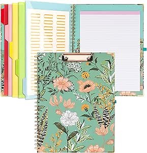 Portfolio Folder Clipboard Folio with Refillable Lined Notepad Spiral Clipboards with Storage, fits Letter Size Paper, 5 Extra Folder with 10 Pockets, 39Pcs File Folder Labels (Green Flower)