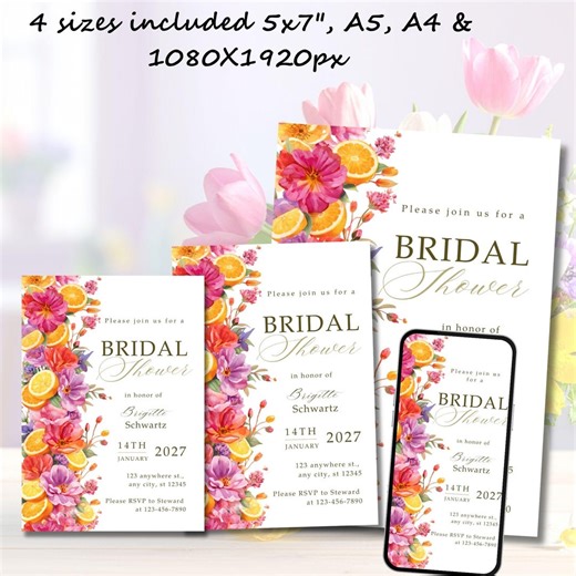 Editable Citrus Floral Bridal Shower Invitations Template Custom Mediterranean Theme Invites Summer Main Squeeze Bridal Shower Printable - Etsy