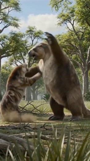 Megatherium Used the Terrain Against a Smilodon Pack #prehistoric #smilodon #megatherium