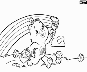 A care bear paints a rainbow coloring page printable game