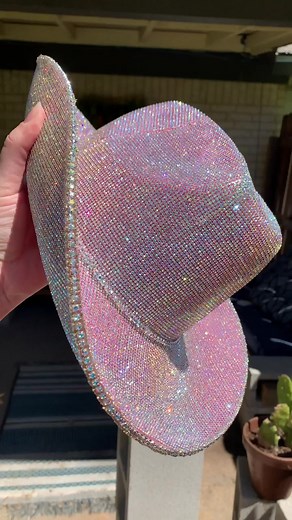 A closer look at our crystal AB rhinestone cowboy hat 💖 #cowboyhat #pink #sparkle #satisfyingvideos #festivalfashion